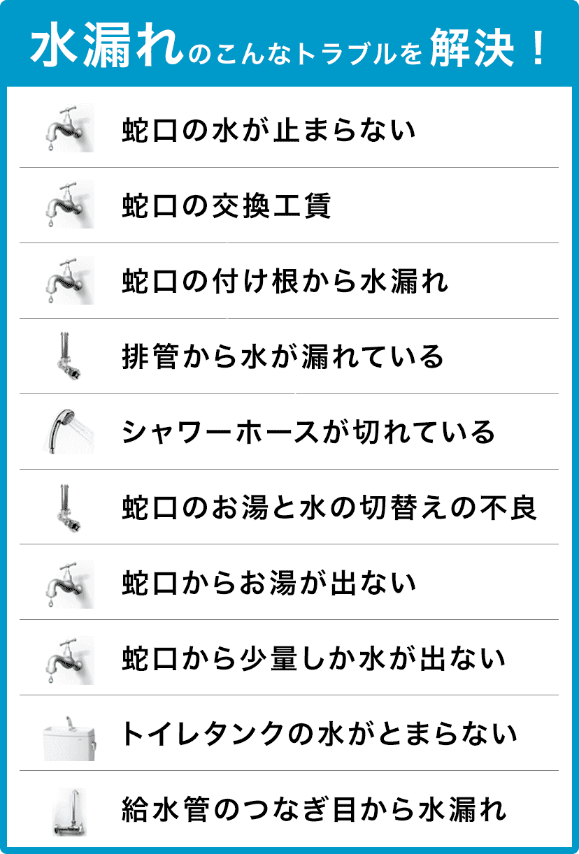 蛇口の水が止まらない・蛇口の交換・蛇口の付け根から水漏れ・配管から水が漏れている・シャワーホースが切れている・蛇口のお湯と水の切り替えの不良・蛇口からお湯が出ない・蛇口から少量しか水が出ない・トイレタンクの水が止まらない・給水管のつなぎ目から水漏れ 芦屋市